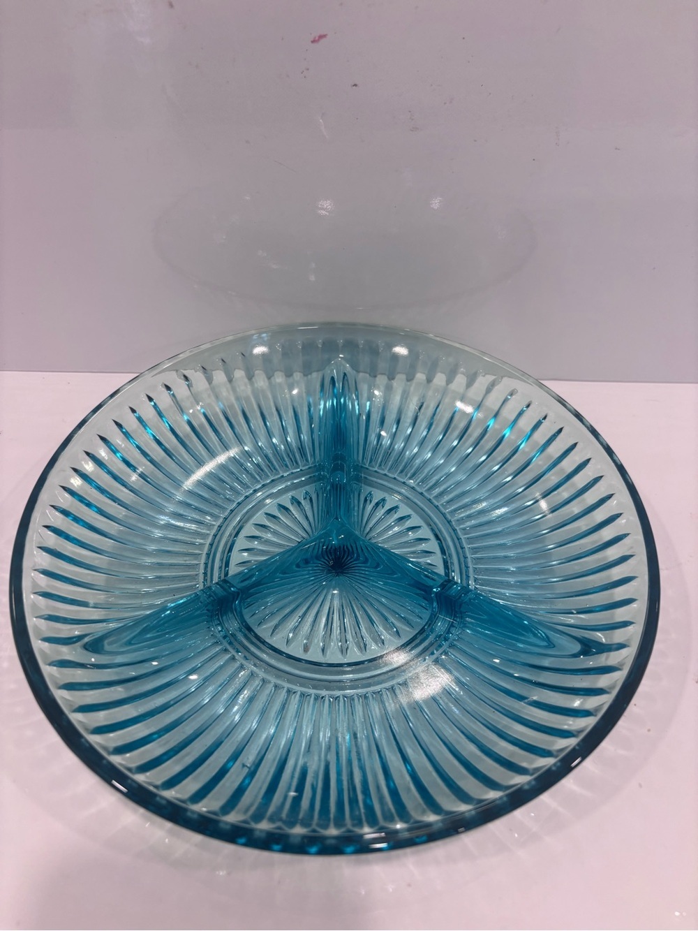 Vintage pressed glass aqua blue divided relish tray 3 section ribbed sunburst